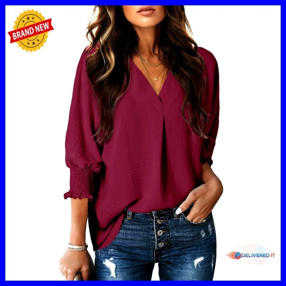 V-Neck Blouse 3/4 Sleeve Textured Polyester Business Casual Chic Office Wear